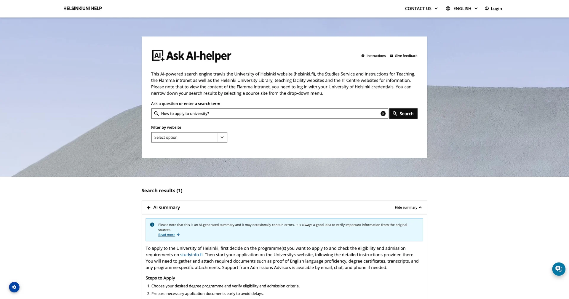 AI-powered search interface for University of Helsinki with search results about applying to university.