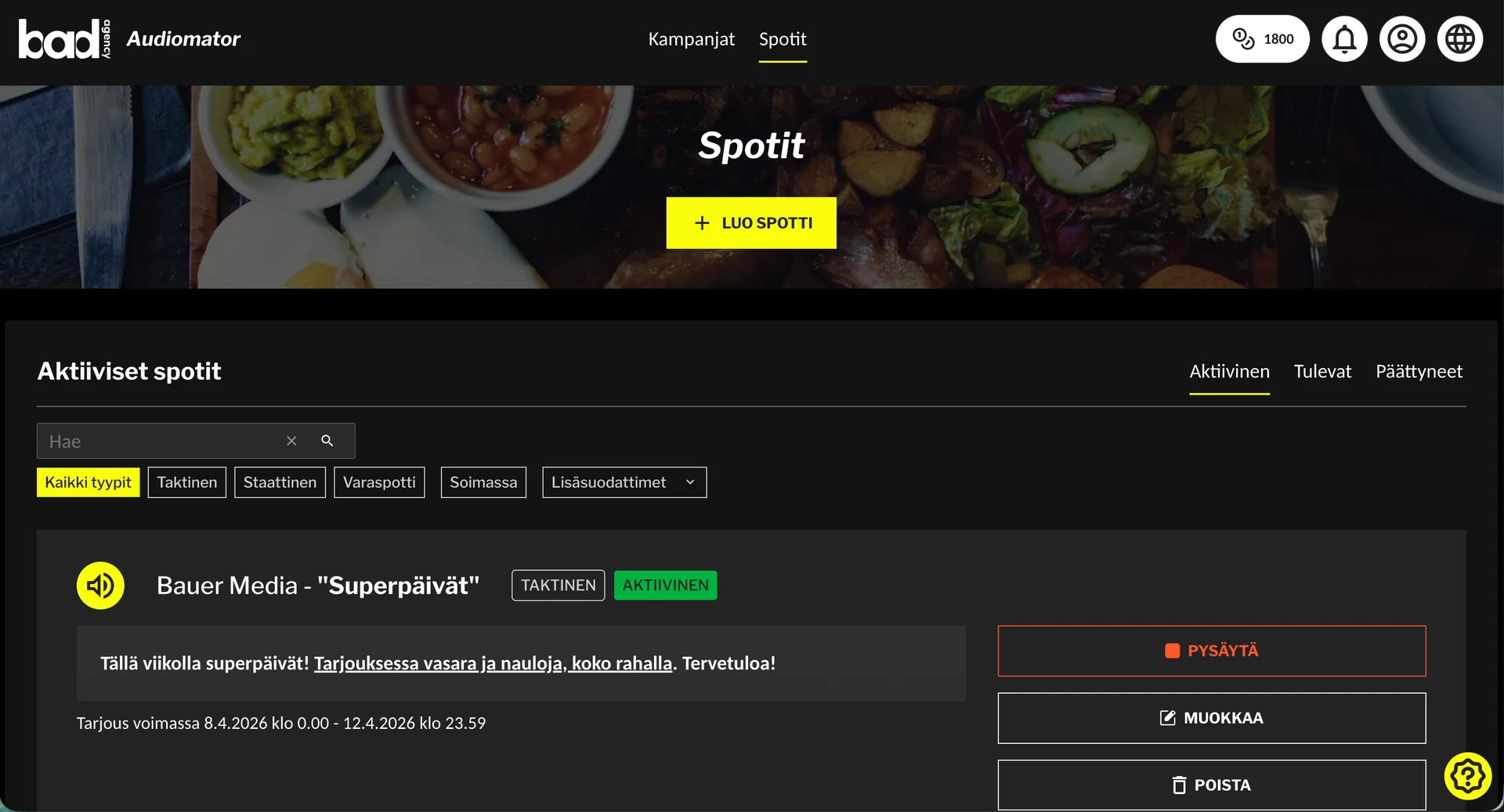 Finnish food promotion page showing active spots with Bauer Media 'Superpäivät' event details and filters.