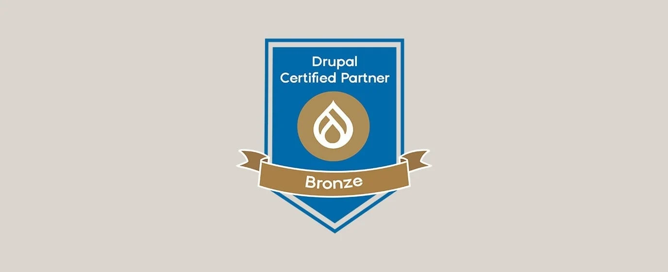 Drupal Certified Partner Bronze badge with blue shield and gold droplet logo